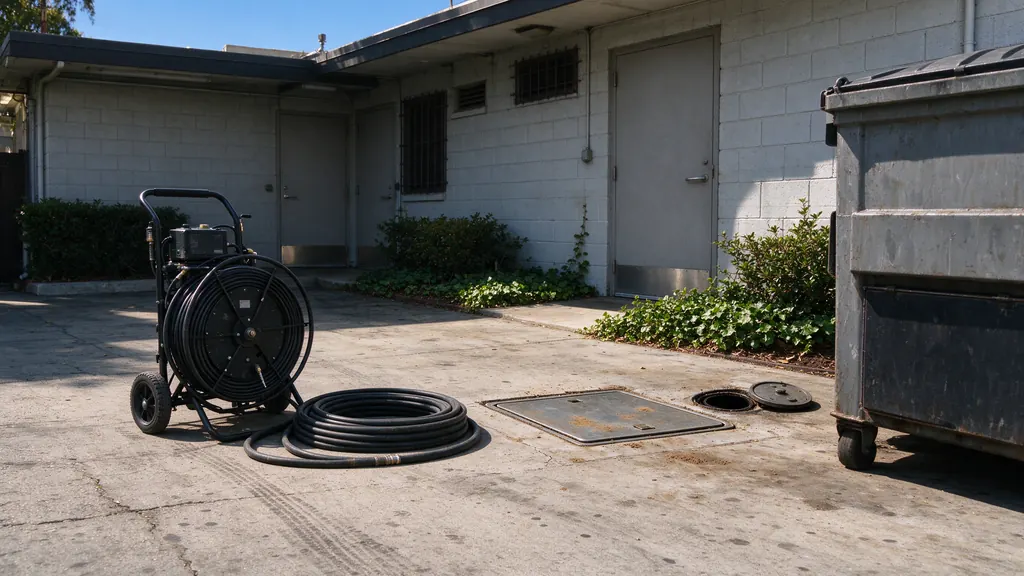 Jetter hose reel beside a grease interceptor lid and open cleanout in a Los Angeles commercial service alley