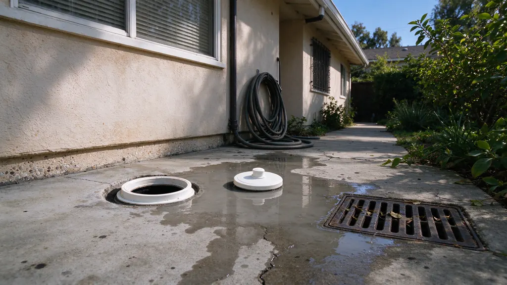 Water pooled around an open sewer cleanout in the side yard of a Los Angeles house