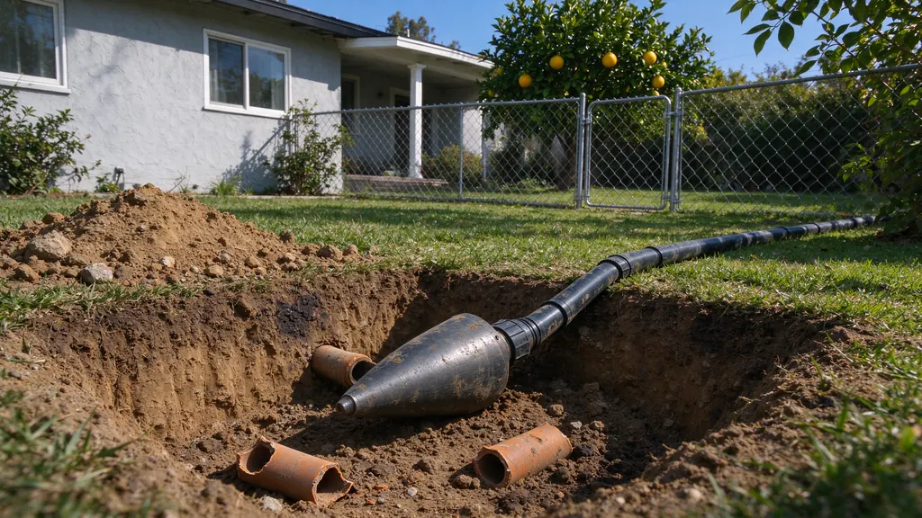 Steel bursting head on black HDPE pipe in a launch pit beside a Los Angeles house