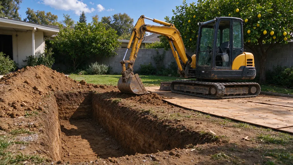 Compact mini excavator on plywood mats beside a sewer trench in a Los Angeles backyard
