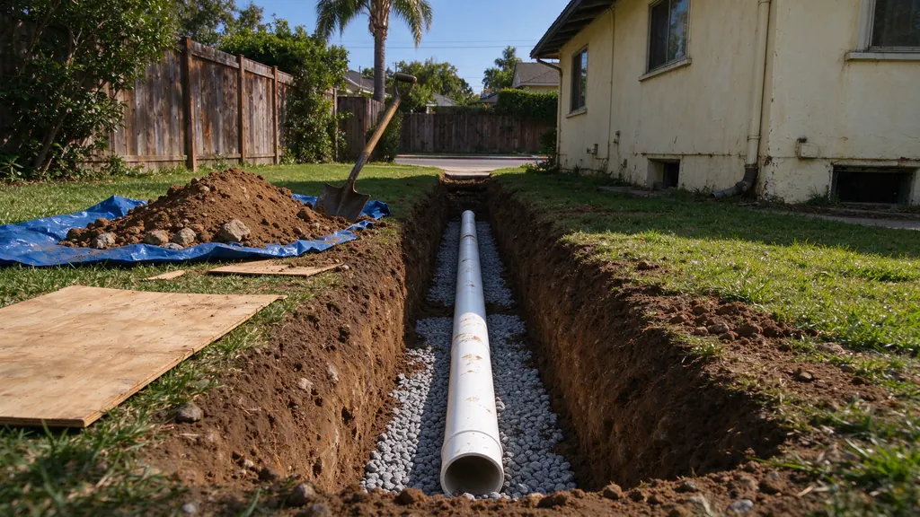 Narrow trench beside a Los Angeles stucco bungalow with a new white PVC sewer lateral on gravel bedding