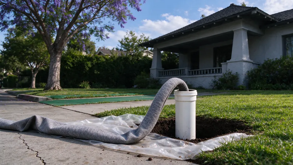 Felt liner fed into a cleanout in a small access pit in front of a Los Angeles Craftsman bungalow